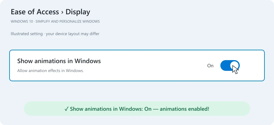 Windows 10: switch Show animations in Windows from Off to On, followed by celebratory confetti.