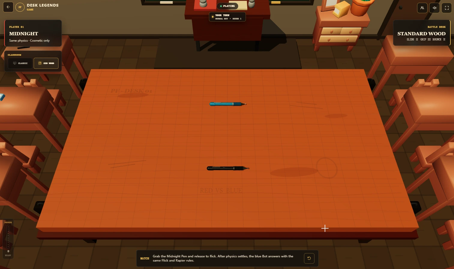 Midnight pen facing a blue bot on a Standard Wood desk in the CC0 Wood classroom